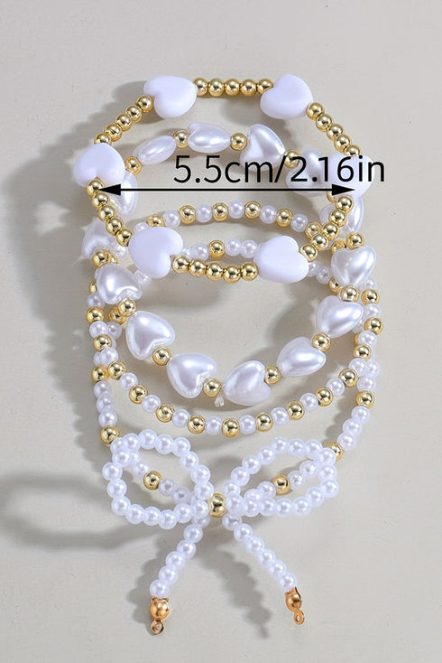 Faux Pearl Beaded Heart Charm And Bow Bracelet Set