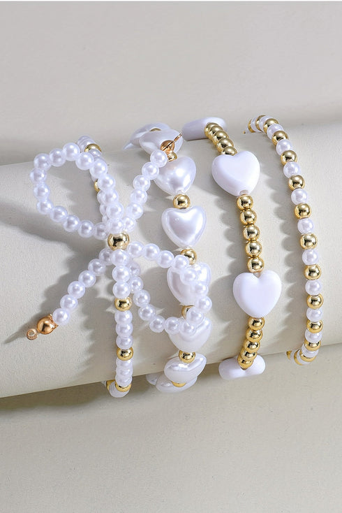 Faux Pearl Beaded Heart Charm And Bow Bracelet Set