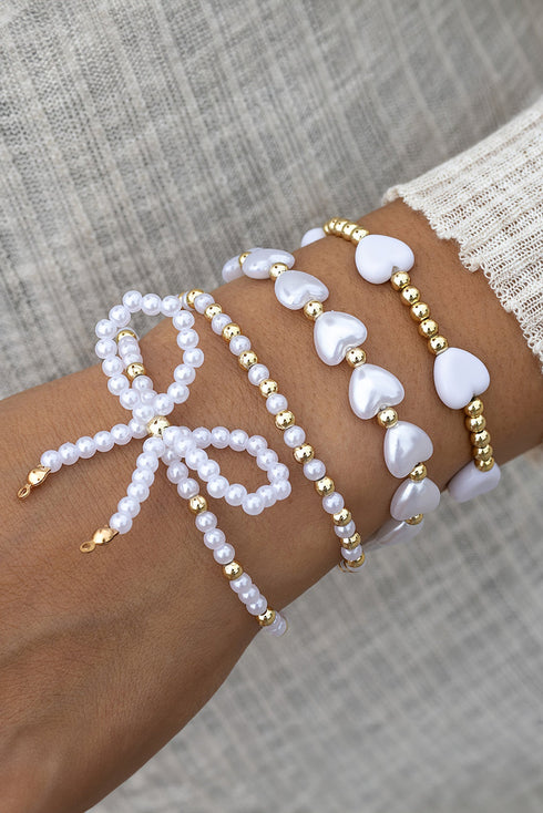 Faux Pearl Beaded Heart Charm And Bow Bracelet Set