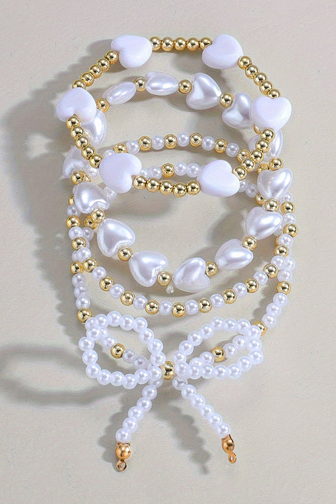 Faux Pearl Beaded Heart Charm And Bow Bracelet Set