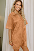 Faux Suede Collared V Neck Short Sleeve Shift Mini Dress