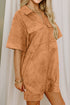 Faux Suede Collared V Neck Short Sleeve Shift Mini Dress