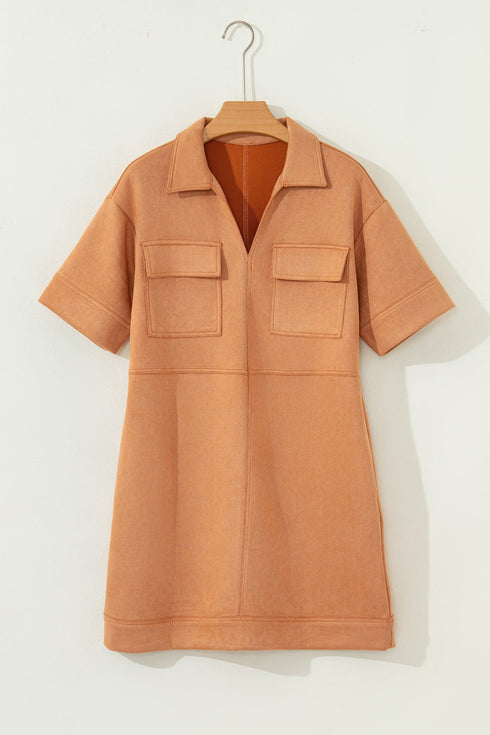 Faux Suede Collared V Neck Short Sleeve Shift Mini Dress