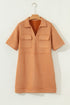 Faux Suede Collared V Neck Short Sleeve Shift Mini Dress