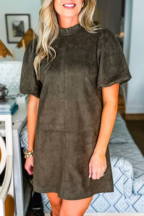 Faux Suede Frilled Mock Neck Puff Sleeve Shift Mini Dress