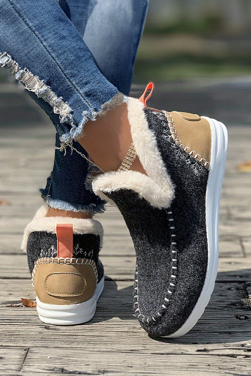 Faux Suede Patchwork Stitching Button Detail Ankle Boots