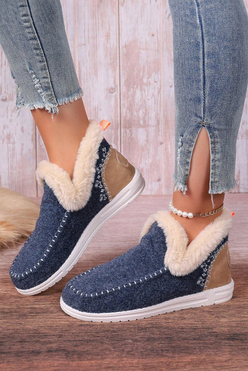 Faux Suede Patchwork Stitching Button Detail Ankle Boots