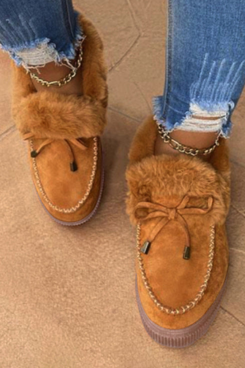 Faux Suede Plush Lined Bow Decor Slip On Flats