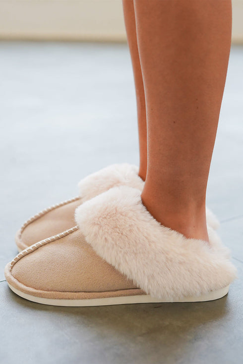 Faux Suede Plush Lined Cut And Sew Detail Slippers