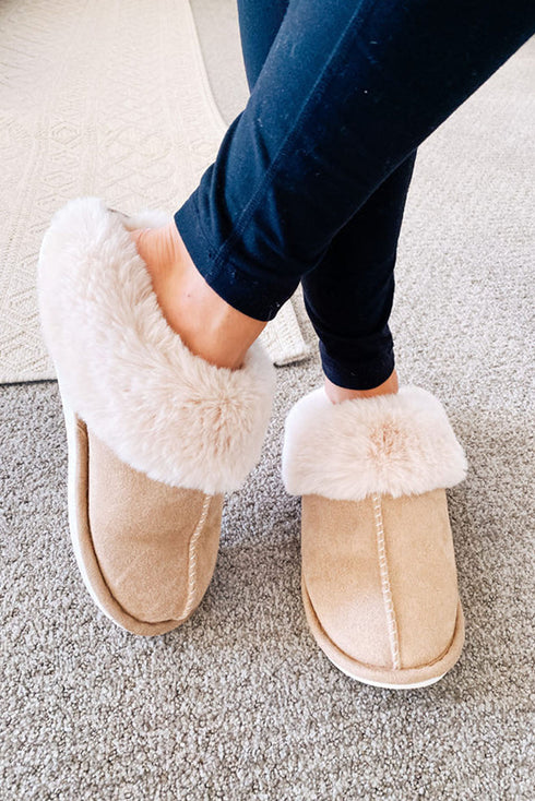 Faux Suede Plush Lined Cut And Sew Detail Slippers