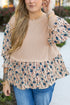 Faux Two Piece Waffle Knit Floral Patchwork Top