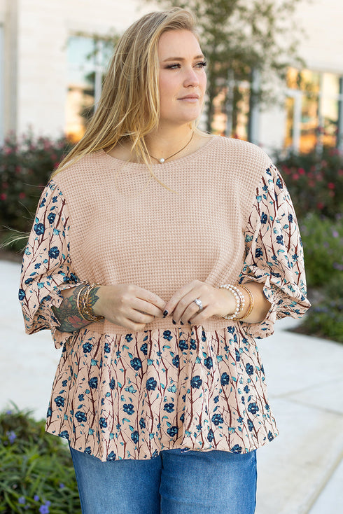 Faux Two Piece Waffle Knit Floral Patchwork Top