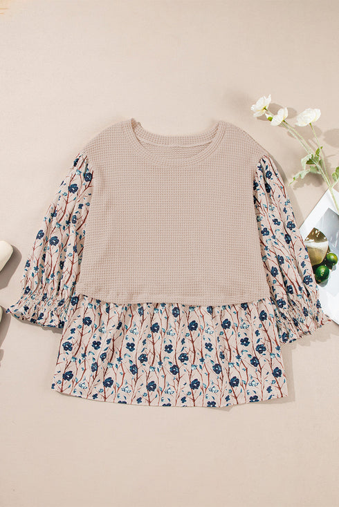 Faux Two Piece Waffle Knit Floral Patchwork Top