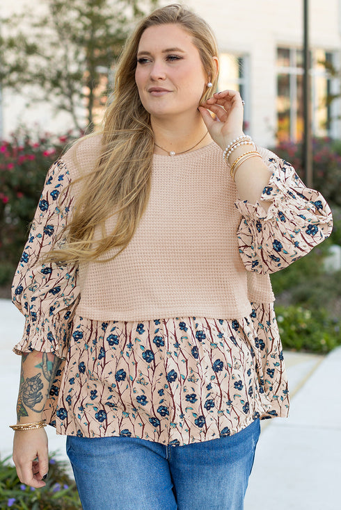 Faux Two Piece Waffle Knit Floral Patchwork Top