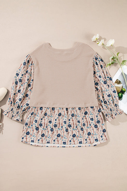 Faux Two Piece Waffle Knit Floral Patchwork Top