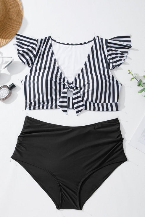 Striped Knot Cutout Ruffle Sleeve High Waisted Swimsuit