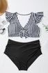 Striped Knot Cutout Ruffle Sleeve High Waisted Swimsuit