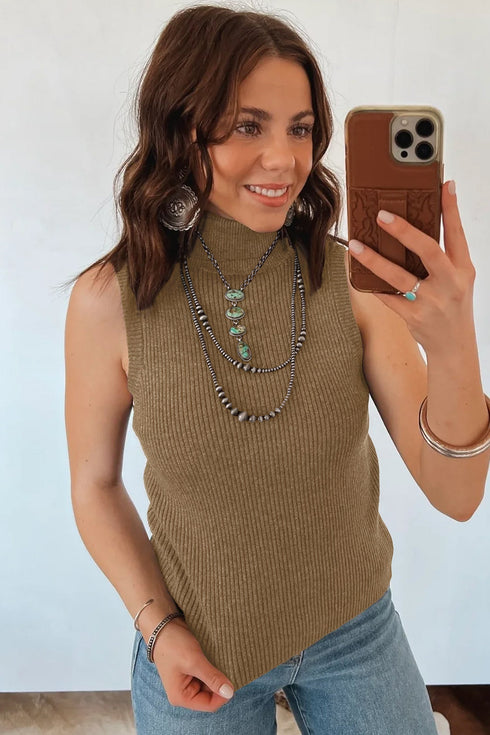 Western Ribbed Knit High Neck Sleeveless Waist Slim Fit Sweater Vest