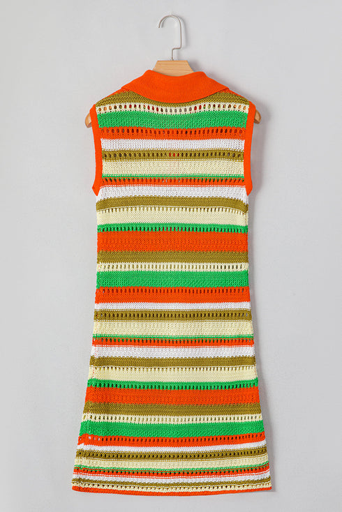 Striped Crochet Knit Collared Sleeveless Shift Dress