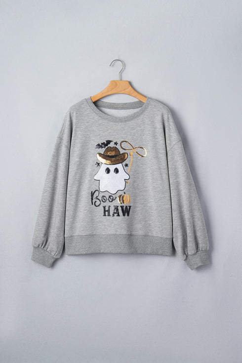 Sequin Western Ghost Print Long Sleeve Round Neck Sweatshirt