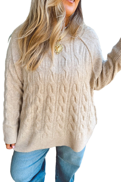 Oversized Cable Knit Round Neck Tunic Length Sweater