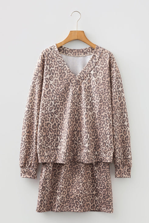 Modern Leopard Print V Neck Pullover Two Piece Dresses