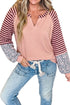 Striped Floral Patchwork V Neck Seam Long Sleeve Top