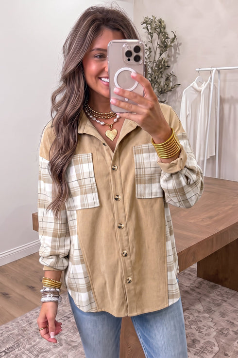 Polyester Plaid Pattern Shirt Collar Shift Jacket