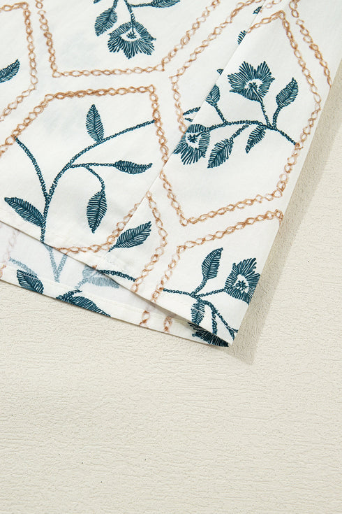 Geometric Floral Print Lace Trim Collared Short Sleeve Mini Dress