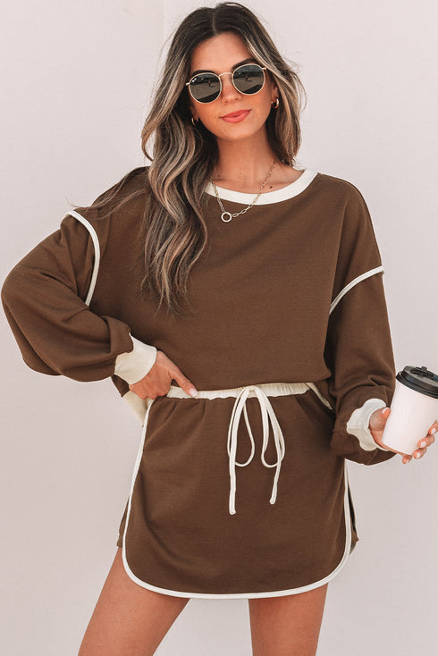 Paneled Loose Pullover And Lace Up Skort Two Piece Set