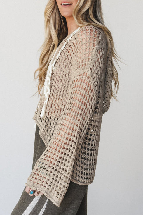 Acrylic Star Pattern Crochet Hooded Drawstring Sweater