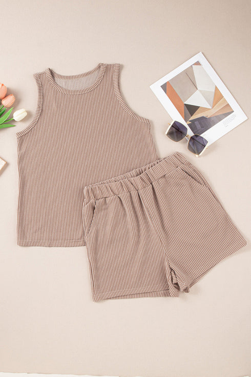 Textured Corded Sleeveless Pocketed Two Piece Shorts Set