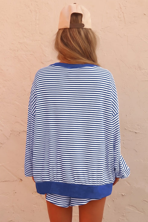 Striped Oversized Long Sleeve Top Drawstring Short Set