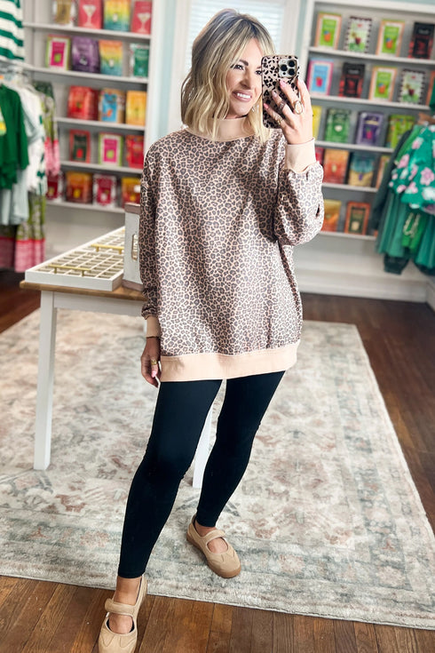 Leopard Print High Neck Long Sleeve Ribbed Cuffs Hem Sweatshirt