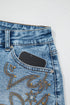 Western Embroidered Studded Stretch Cotton Denim Shorts
