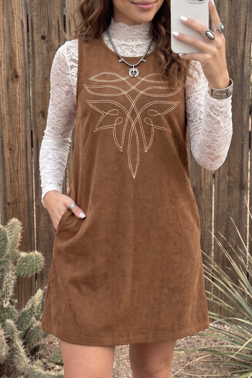 Geometric Embroidery Sleeveless Corduroy Shift Mini Dress