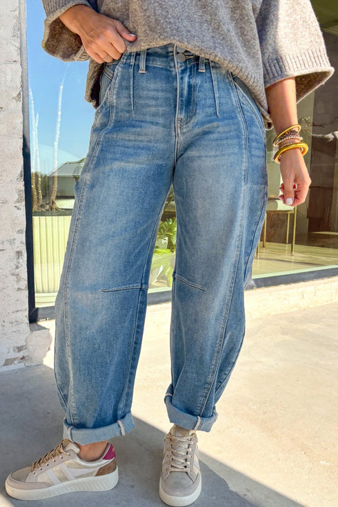 Casual Washed Cuffed Barrel Leg Jeans