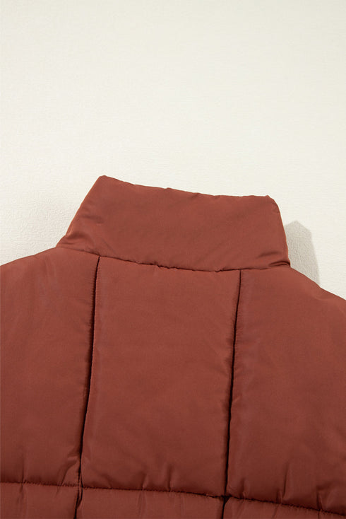 Solid Quilted Stand Collar Zipped Mid Length Puffer Coat