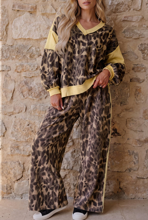 Leopard Print Long Sleeve V Neck Wide Leg Pant Set