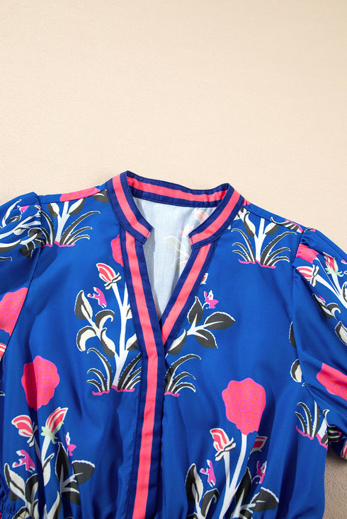 Floral Puff Short Sleeve V Neck High Waist Maxi Dress