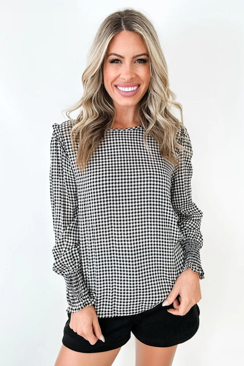 Plaid Shirred Cuff Round Neck Cotton Long Sleeve Blouse