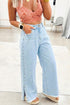 Beaded Side Slit Frayed Pocketed Wide Leg Jeans