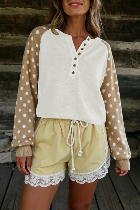 Polka Dot Button V Neck Long Sleeve Sweater