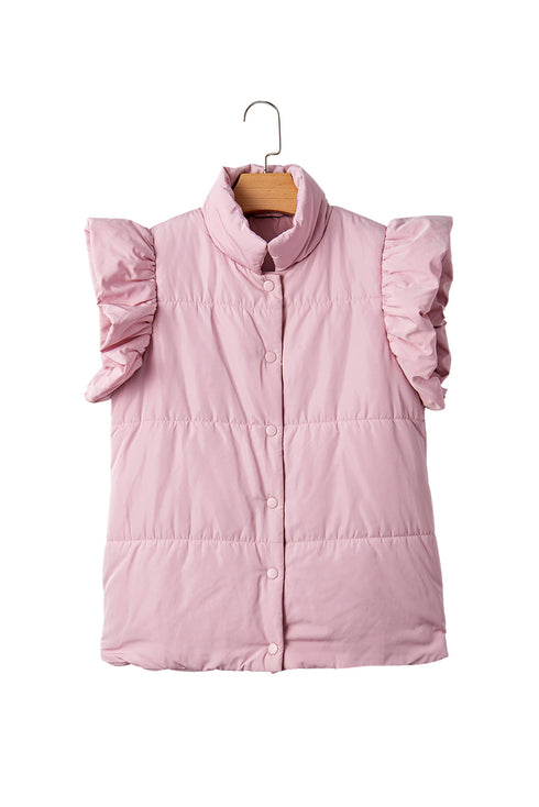 Stand Neck Flutter Sleeve Snap Button Puffer Vest