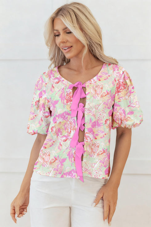 Southern Belle Floral Ribbon Knot Puff Sleeve Blouse