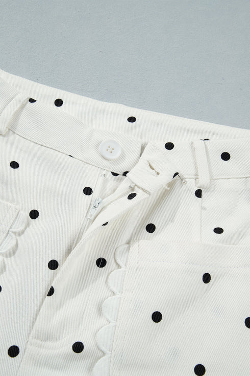 Polka Dot Print Scalloped Patch Pocket Cotton Shift Pants