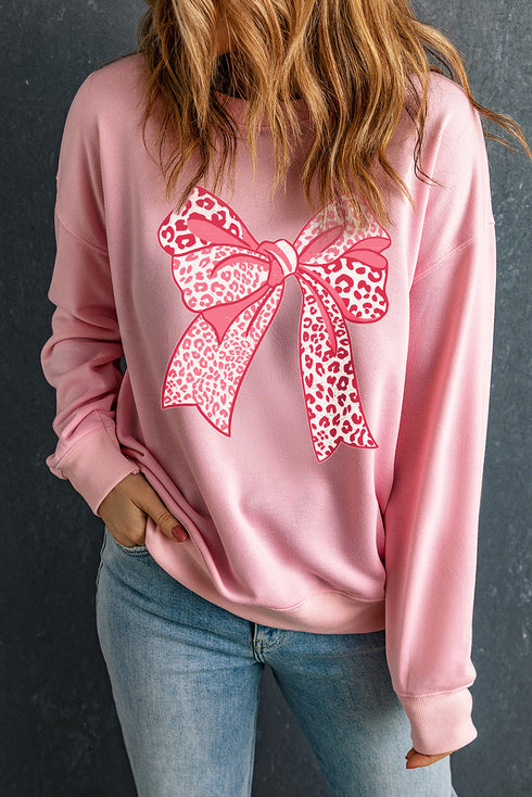 Leopard Print Bow Graphic Crew Neck Pullover Sweatshirt