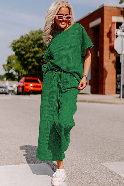 Textured Solid Loose Fit Wide Leg Pant Set