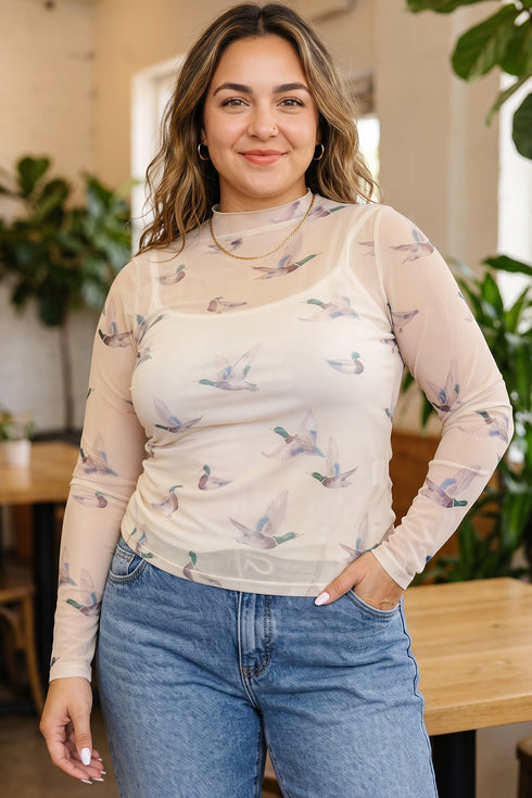 Mesh Duck Print Tunic Long Sleeve Blouse