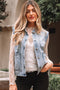 Scalloped Trim Patch Pocket Button Front Denim Vest